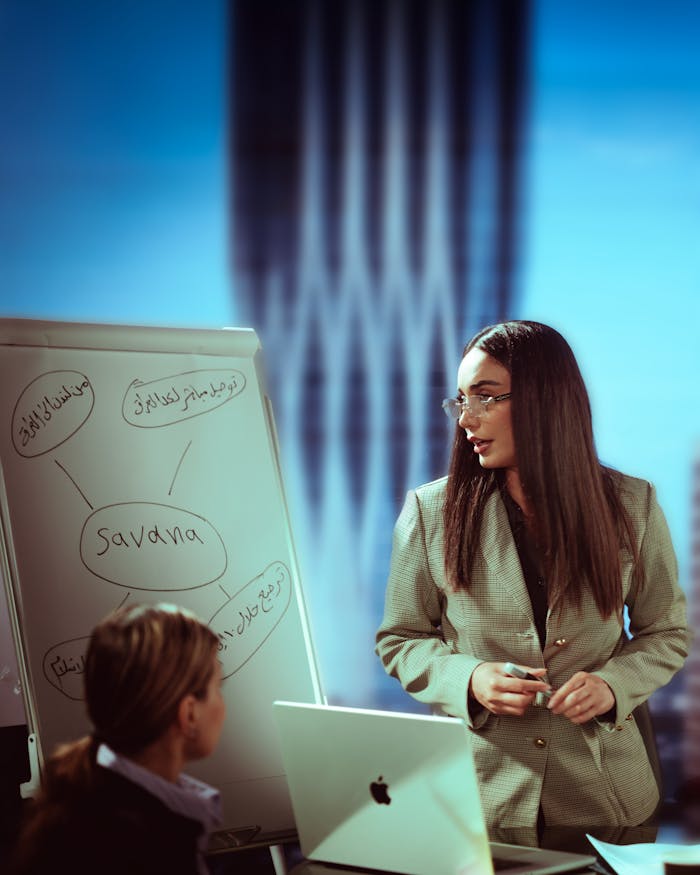 Professional woman giving a presentation in a Baghdad office with a cityscape view.