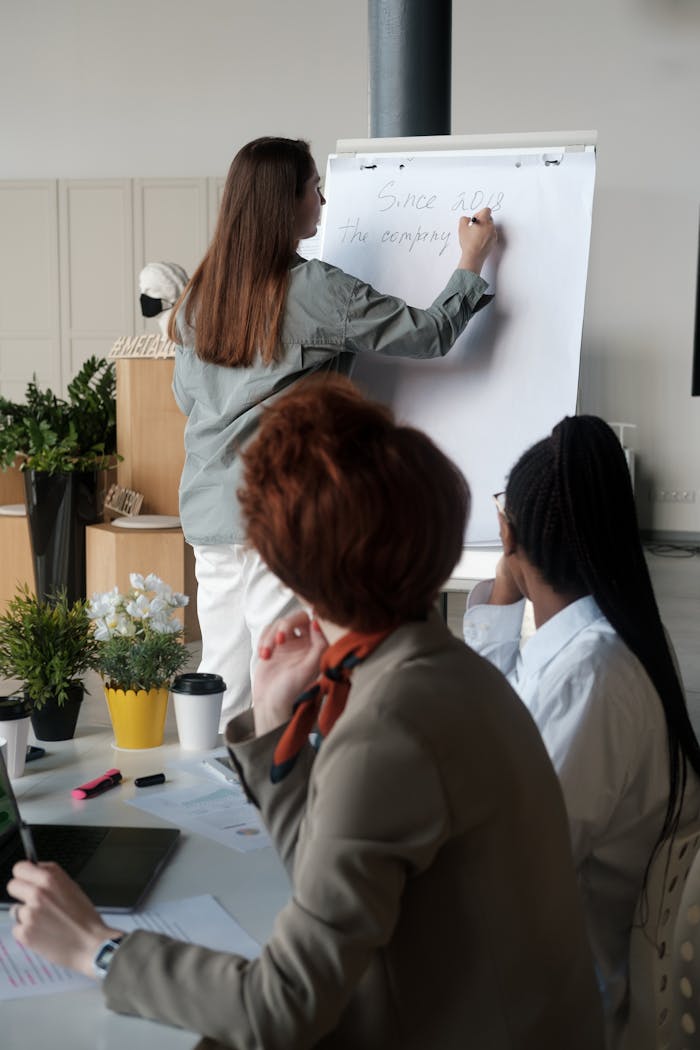 Three women collaborate in a business meeting setting with a focus on whiteboard discussion.